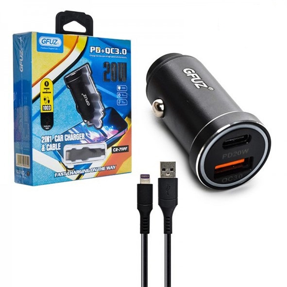 تصویر شارژ فندکی 20 وات دو پورت با کابل آیفون GFUZ-CR-79PF